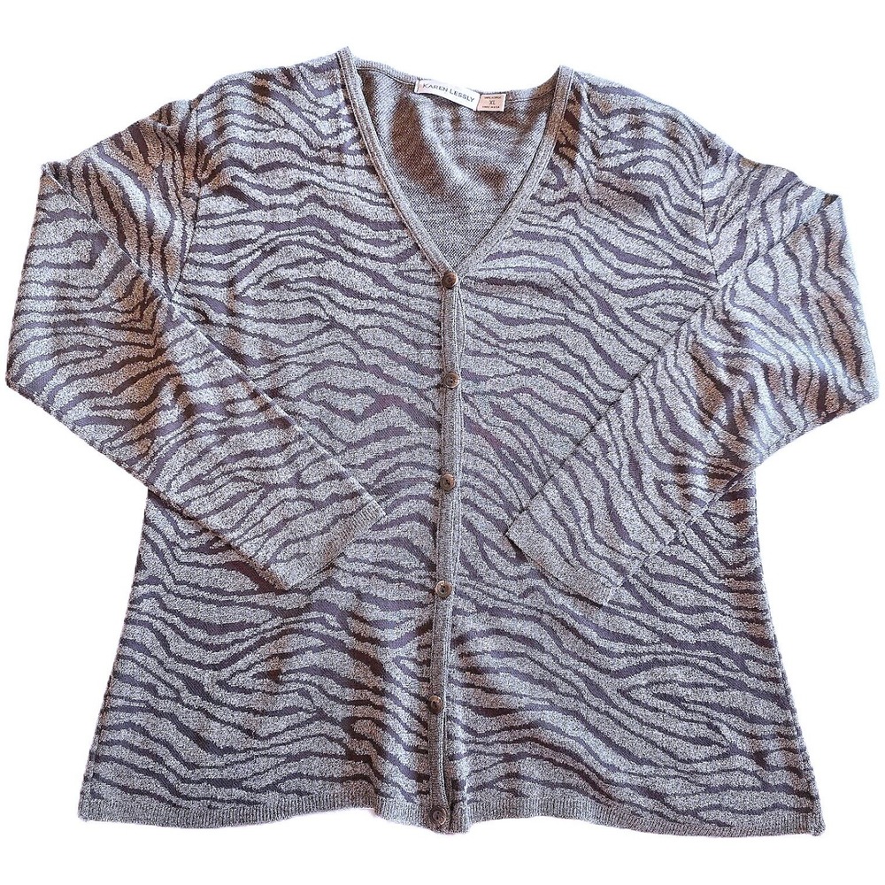 Vtg 90s/Y2K Karen Lessly Zebra Cardigan XL Gray Black Made in USA Animal Print